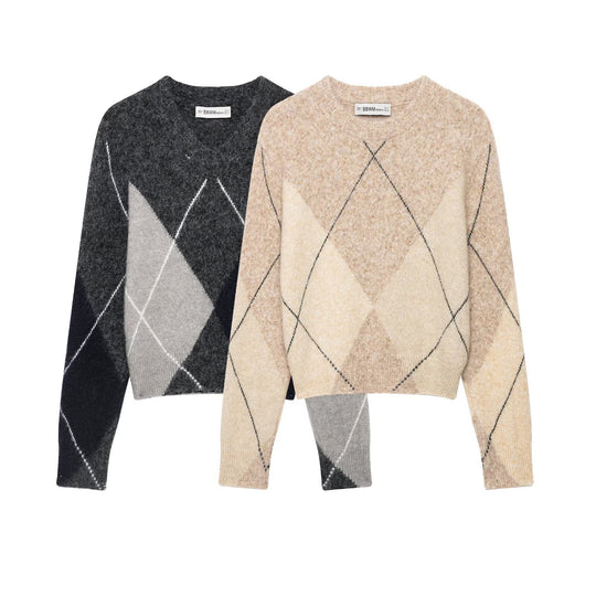 Damen Argyle-Pullover aus Wollmix mit weichem Flor und kastiger Cropped-Silhouette Nord Taschen