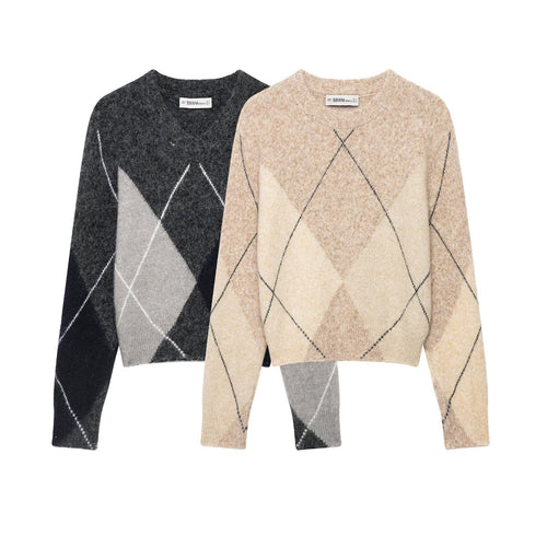 Damen Argyle-Pullover aus Wollmix mit weichem Flor und kastiger Cropped-Silhouette Nord Taschen
