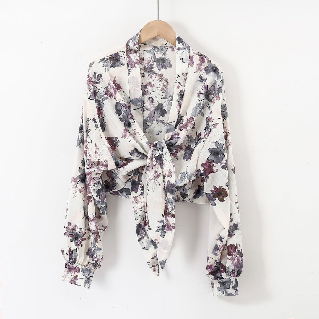 Damen nan florale Knoten-Bluse im Wickelstil mit Ballonärmeln und leichter Leinenoptik