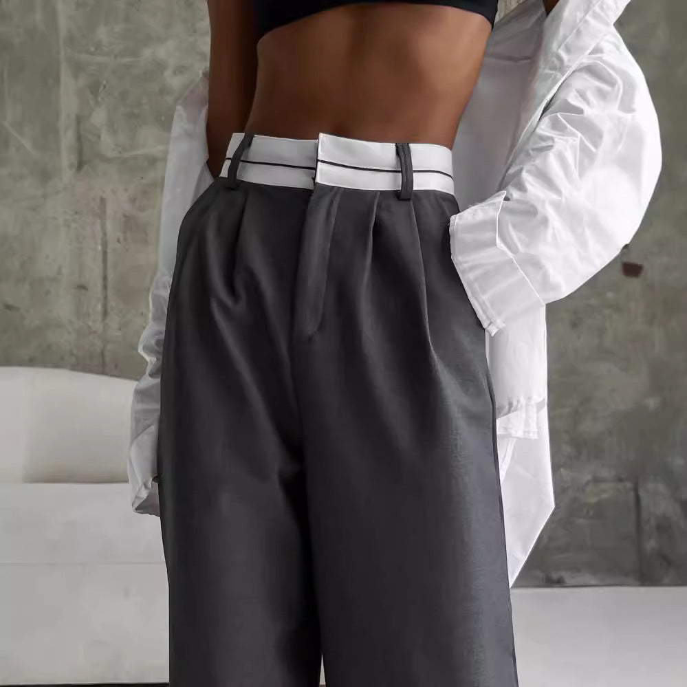 Damen Hochtaillierte weite Bundfaltenhose mit Kontrastbund Nord Taschen