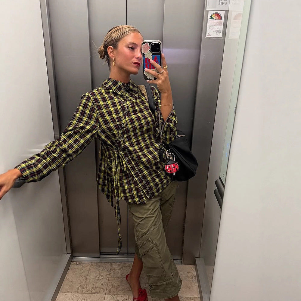 Damen Karierte Hemdbluse mit Tunnelzug‑Taillierung und weitem Schnitt Nord Taschen