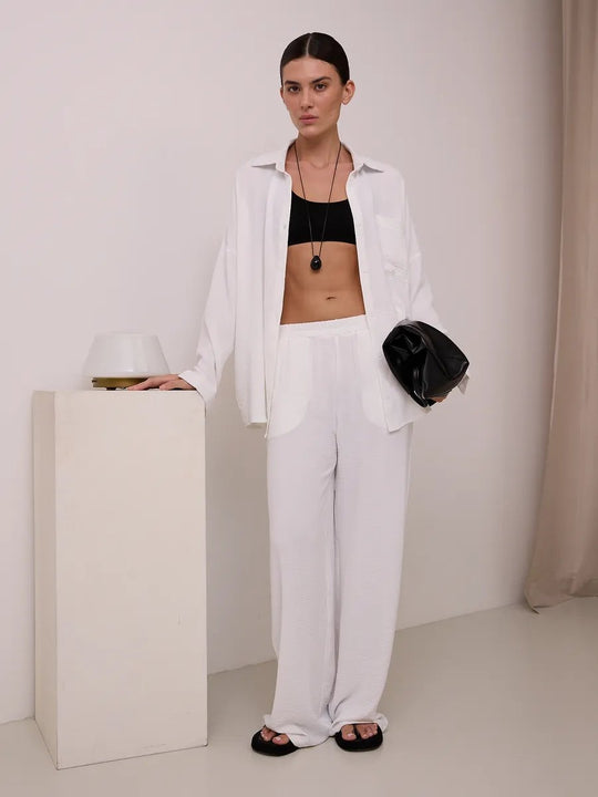 Damen Zweiteiliges Lounge-Set Oversize-Bluse mit Brusttasche und weiter Palazzo-Hose Nord Taschen