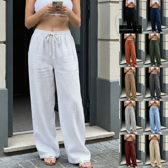 Damen Weite Leinenoptik-Hose mit Gummibund, Tunnelzug und Seitentaschen Nord Taschen