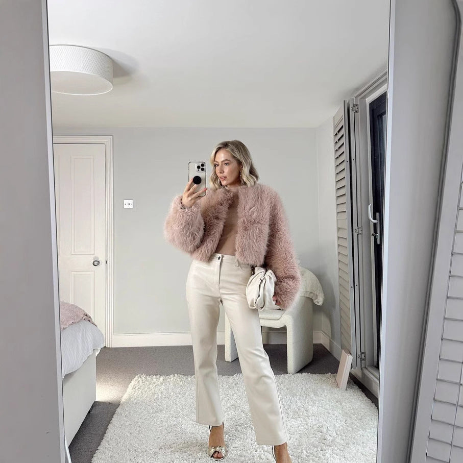Damen Kurz geschnittene Shaggy-Faux-Fur Jacke mit kastiger Silhouette und extraweichem Hochflor Nord Taschen