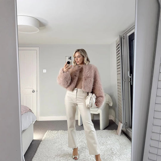 Damen Kurz geschnittene Shaggy-Faux-Fur Jacke mit kastiger Silhouette und extraweichem Hochflor Nord Taschen