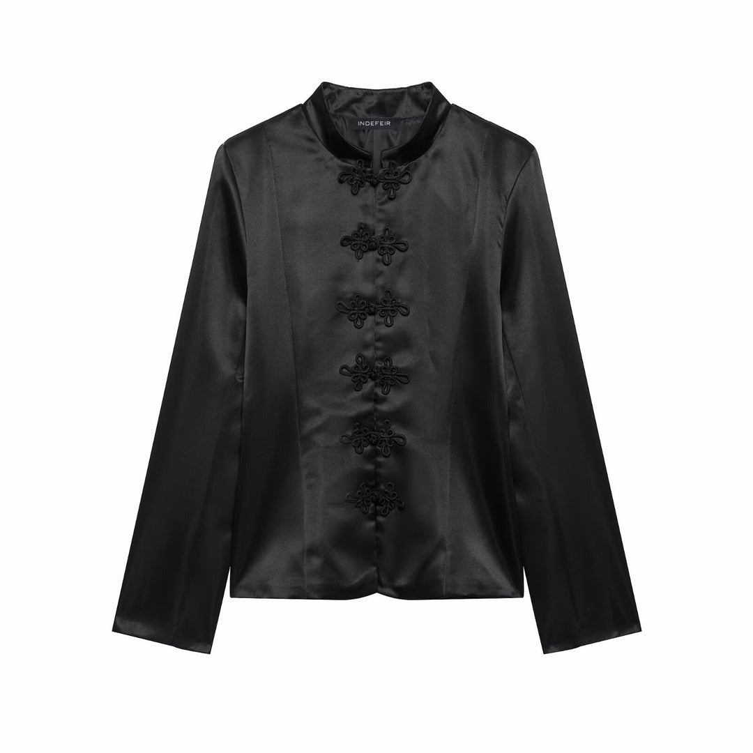 Damen Satin-Blazerjacke mit Mandarinkragen und Zierfroschknöpfen Nord Taschen