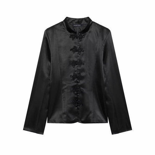 Damen Satin-Blazerjacke mit Mandarinkragen und Zierfroschknöpfen Nord Taschen
