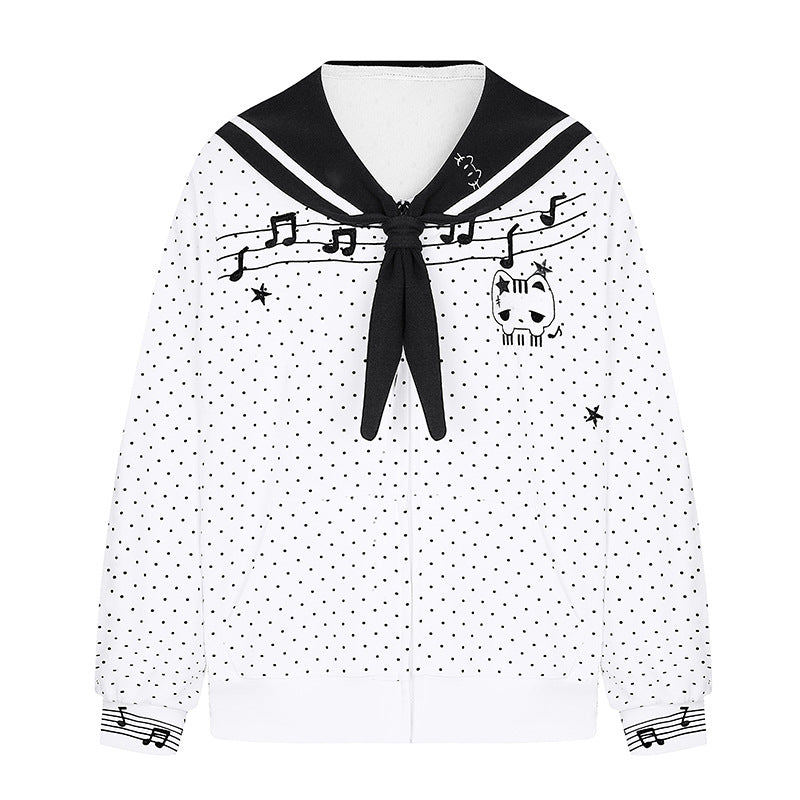 Damen Reißverschluss‑Sweatjacke im Matrosenstil mit Schleifenkragen, Polka‑Dot und Musikmotiv Nord Taschen