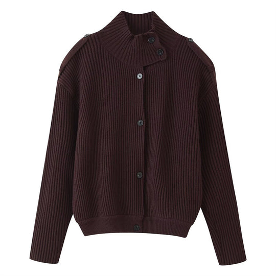 Damen Gerippter Strickcardigan mit Stehkragen und Schulterknopf-Detail Nord Taschen