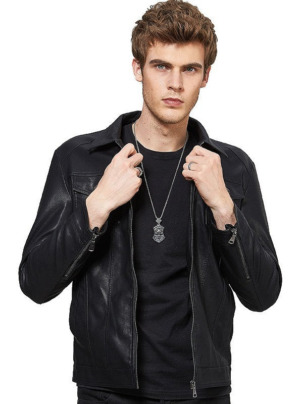 Herren Slim-Fit Bikerjacke in Lederoptik mit asymmetrischem Reißverschluss und Reverskragen Nord Taschen