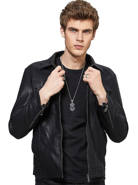 Herren Slim-Fit Bikerjacke in Lederoptik mit asymmetrischem Reißverschluss und Reverskragen Nord Taschen