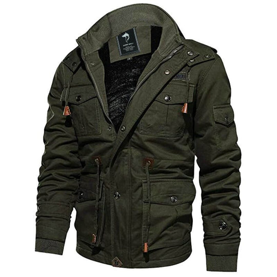 Herren Militärinspirierte Canvas-Fieldjacke mit Kapuze, Kordzug‑Taille und Fleece‑Innenfutter Nord Taschen