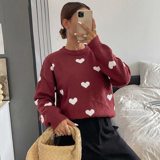 Damen Rundhals‑Strickpullover mit Herz‑Jacquard und lässiger Oversize‑Passform Nord Taschen