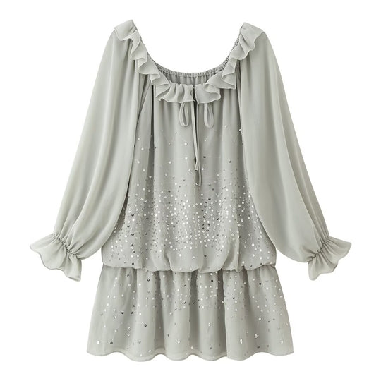 Damen Chiffon-Minikleid mit Rüschenkragen, Ballonärmeln und Paillettenbesatz Nord Taschen