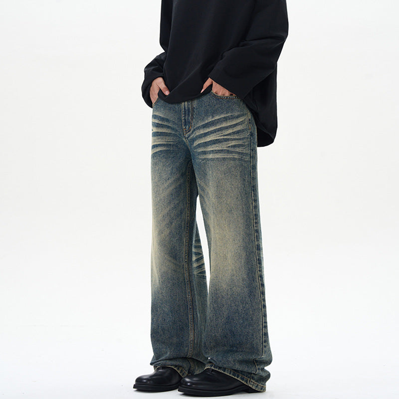 Herren Weite Denim-Jeans im Vintage-Whisker-Look mit horizontalen Falten und bodenlangem Saum Nord Taschen