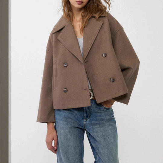 Damen Kurzer Zweireihiger Wollmix-Peacoat mit übergroßem Revers Nord Taschen
