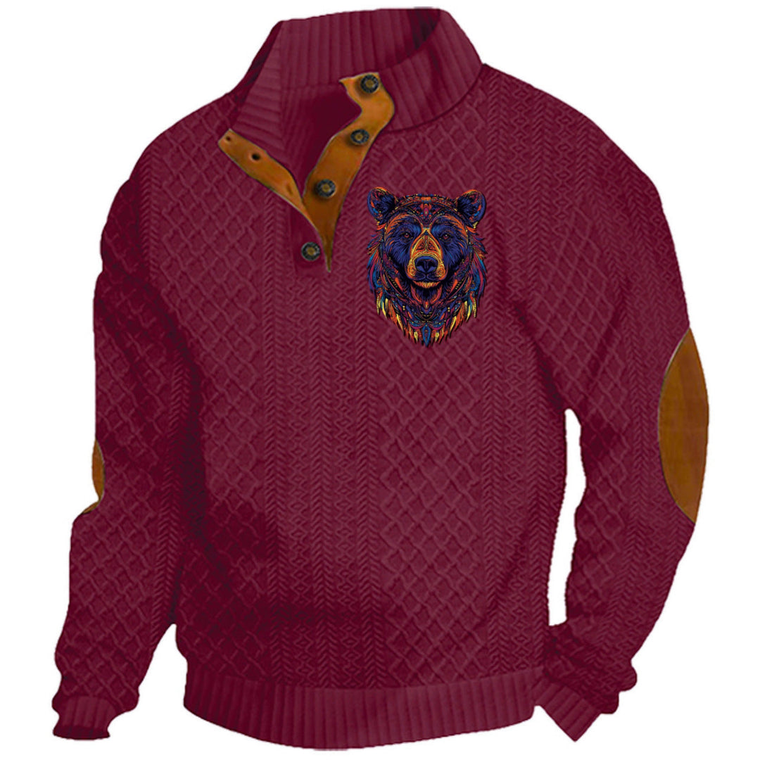 Herren nan Heritage-Strukturpullover mit Stehkragen Lederimitat-Besatz Ellenbogen-Patches und Halbknopfleiste