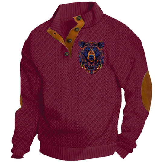 Herren nan Heritage-Strukturpullover mit Stehkragen Lederimitat-Besatz Ellenbogen-Patches und Halbknopfleiste