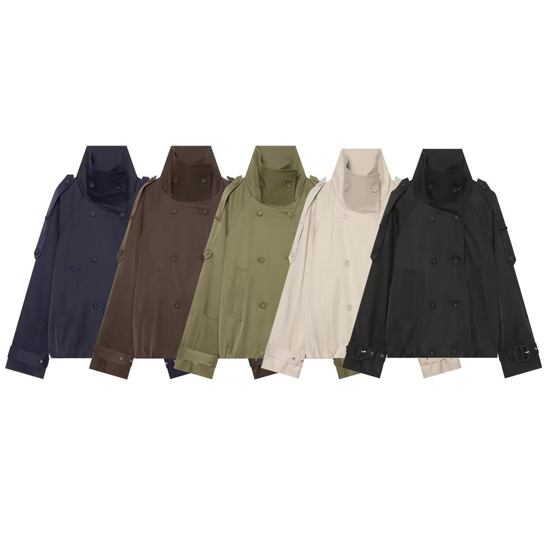 Damen Kurz-Cape-Trench mit hohem Funnelkragen und verstellbaren Ärmelriemen Nord Taschen