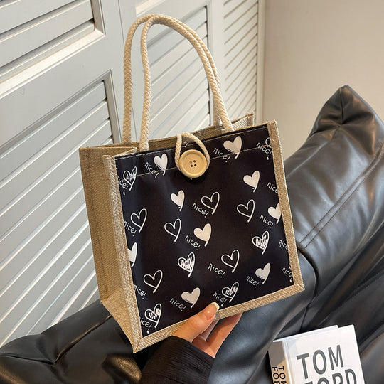 Damen Jute-Tragetasche mit verspieltem Herzdesign und Buttonverschluss Nord Taschen