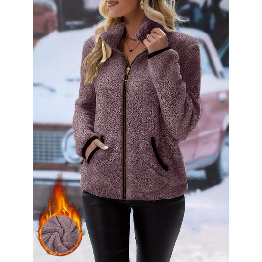 Damen Thermo-Sherpa-Fleecejacke mit Stehkragen, Kontrastkanten und Ringzipper Nord Taschen