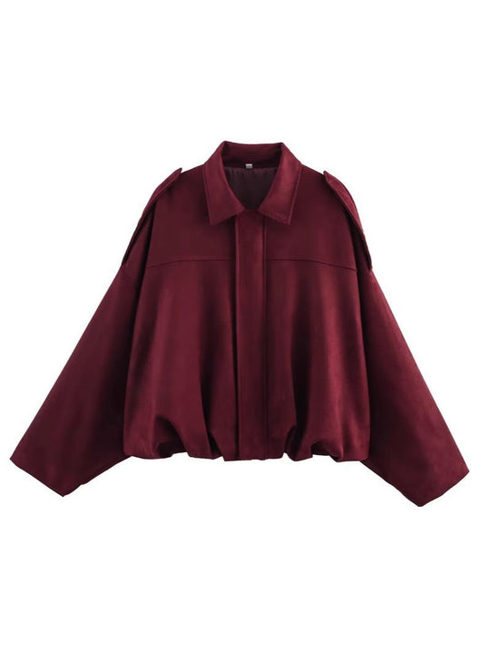 Damen Gekürzte Oversize-Blousonjacke aus Veloursoptik mit Tunnelzugsaum und Schulterpatten Nord Taschen