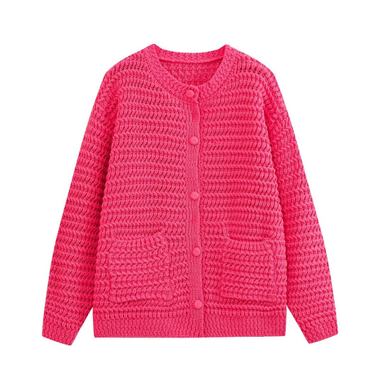 Damen Grobgestrickte Oversize-Cardigan mit Knopfleiste und aufgesetzten Taschen Nord Taschen