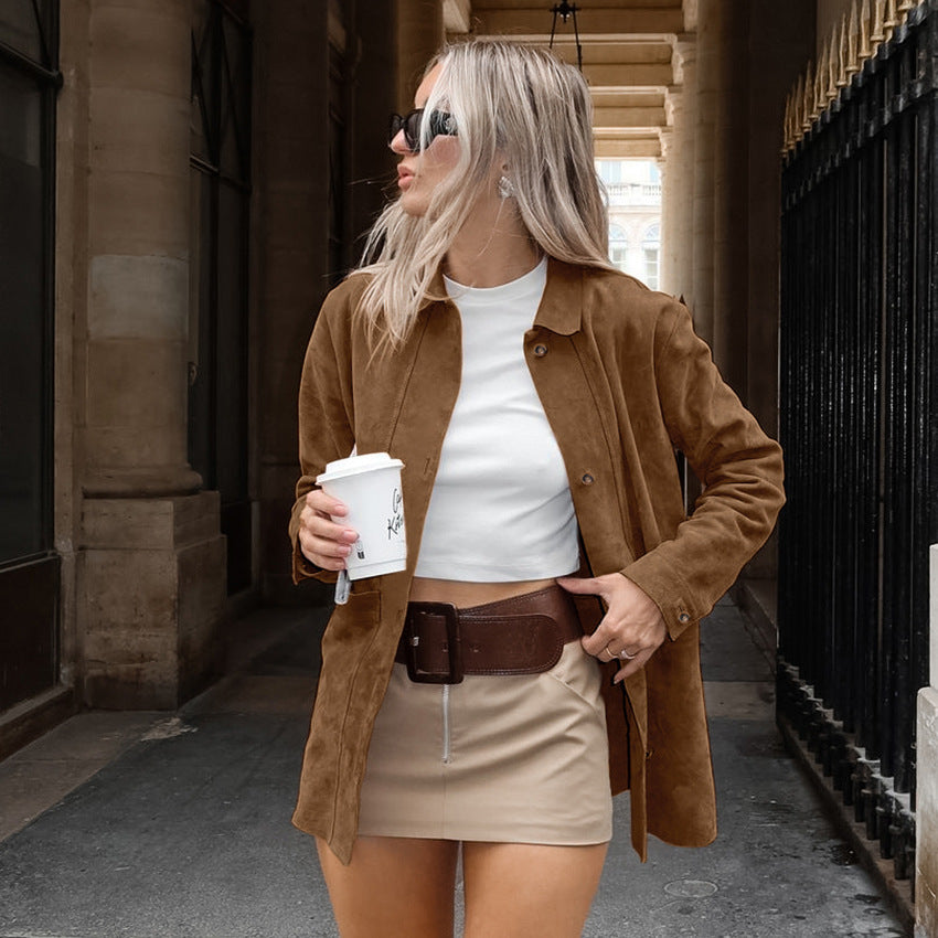 Damen Modische Wildlederjacke mit Druckknopfverschluss und praktischen Taschen