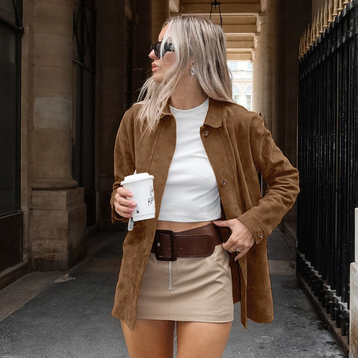Damen Modische Wildlederjacke mit Druckknopfverschluss und praktischen Taschen