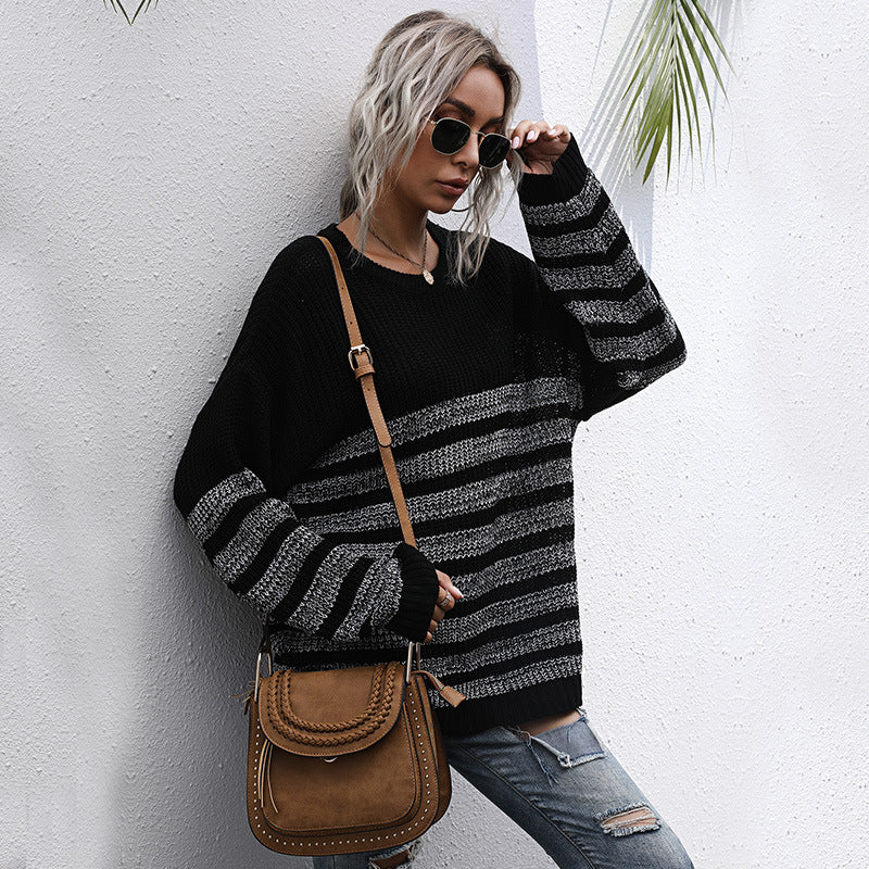Damen Bequemer Strickpullover mit Streifenmuster Nord Taschen