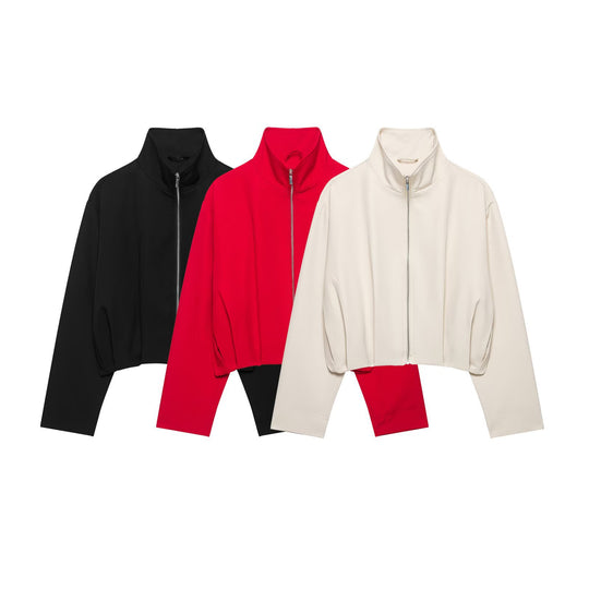 Damen Cropped-Boxy-Jacke mit hohem Stehkragen und durchgehendem Reißverschluss Nord Taschen