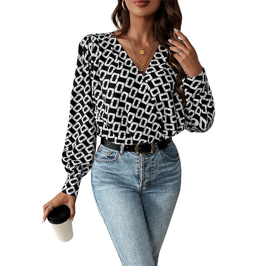 Damen Geometrische Print-Wickelbluse mit V-Ausschnitt, gerafften Schultern und ballonartigen Ärmeln Nord Taschen