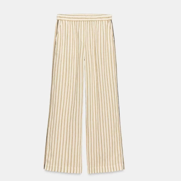 Damen Weite High‑Waist Palazzohose mit vertikalem Streifenmuster und elastischem Bund Nord Taschen