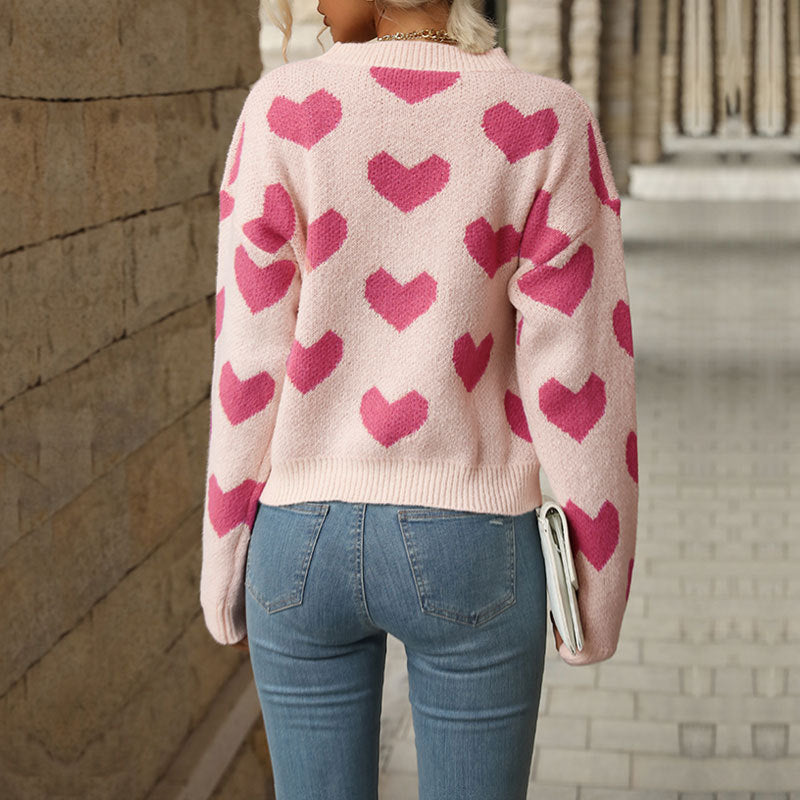 Damen Gemusterter Strickpullover mit Herzmotiven Nord Taschen