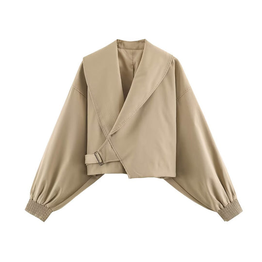 Damen Cropped-Jacke mit weitem Matrosenkragen, asymmetrischem Überschlag und Ballonärmeln Nord Taschen