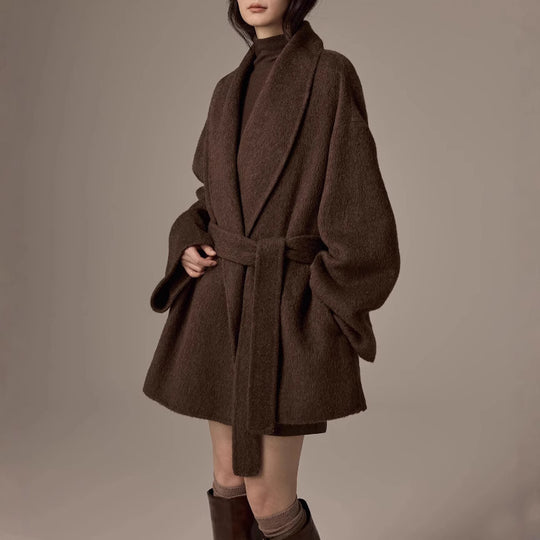 Damen Oversized Wollmantel mit Gürtel Nord Taschen