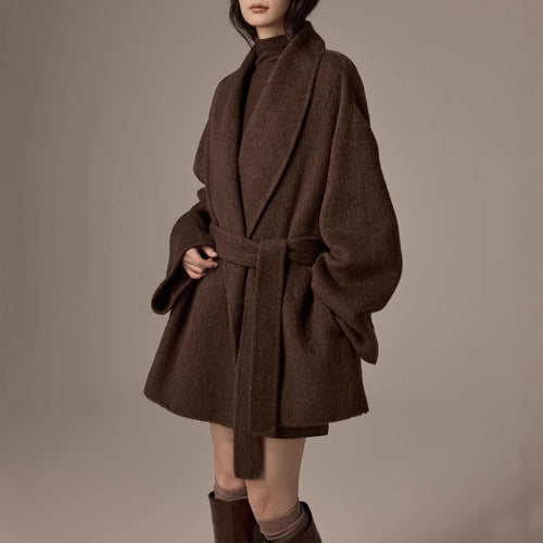 Damen Oversized Wollmantel mit Gürtel Nord Taschen