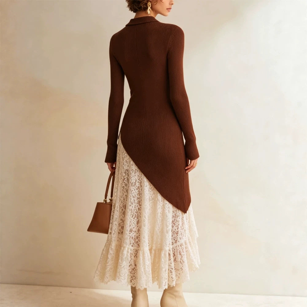 Damen Midikleid aus tailliertem Feinstrick mit asymmetrischem Spitzen-Volant Nord Taschen