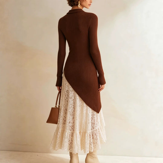 Damen Midikleid aus tailliertem Feinstrick mit asymmetrischem Spitzen-Volant Nord Taschen