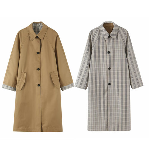 Damen Wendbarer Trenchcoat mit Raglanärmeln, kariertem Innenfutter und verdeckter Knopfleiste Nord Taschen