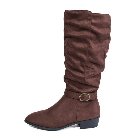 Damen nan kniehoher Slouch-Stiefel aus weichem Microvelours mit Ziergurt und niedrigem Blockabsatz Nord Taschen