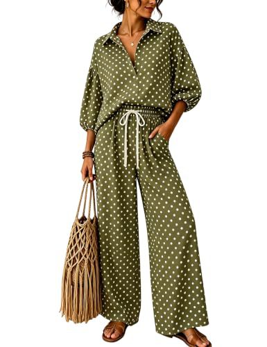 Damen Gepunktetes Zweiteiliges Lounge-Set mit Hemdblusen-Oberteil und Kordelzug-Weitbundhose Nord Taschen