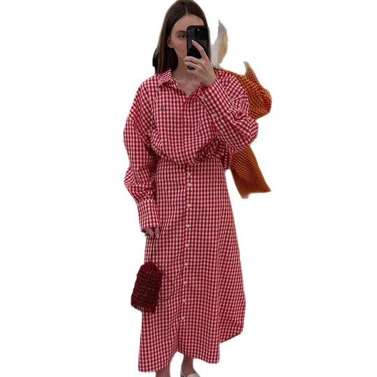 Damen Karo-Maxikleid mit durchgehender Knopfleiste, taillierter Schärpe und verlängerten Manschetten Nord Taschen