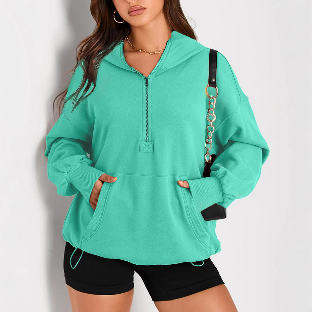 Damen Oversize-Halbreißverschluss-Kapuzenpullover mit Kängurutasche Nord Taschen