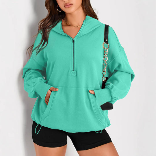 Damen Oversize-Halbreißverschluss-Kapuzenpullover mit Kängurutasche Nord Taschen