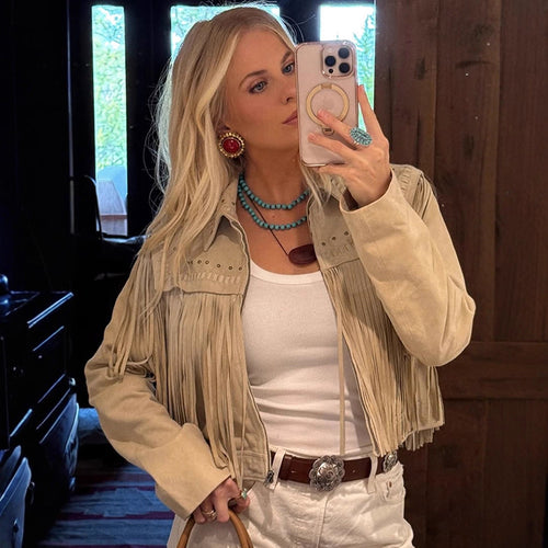 Damen Cropped Wildleder‑Style Fransenjacke mit Nietenapplikation Nord Taschen