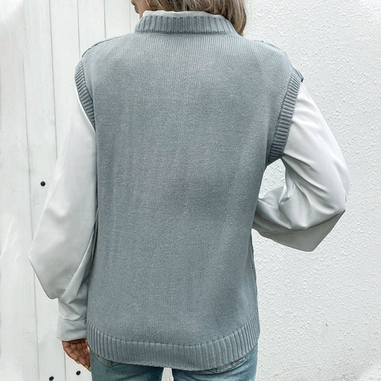 Damen Gestrickte V-Ausschnitt Strickweste mit Ajour- und Rautenmuster Nord Taschen
