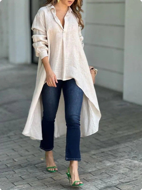 Damen Leichte Leinen‑Tunika‑Bluse mit asymmetrischem High‑Low‑Schwanz und Hemdkragen Nord Taschen
