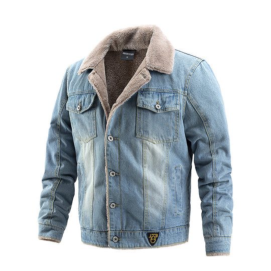 Herren Robuste Denim-Truckerjacke mit Sherpa-Futter und Teddykragen Nord Taschen
