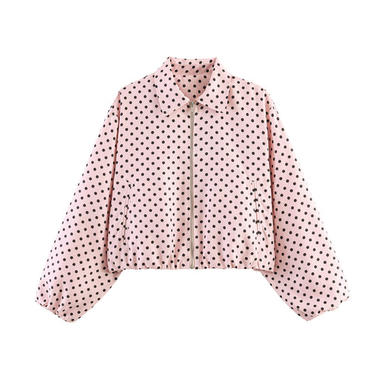 Damen Kurzjacke im Harrington‑Stil mit Polka‑Dot‑Muster, Ballonärmeln und elastischem Saum Nord Taschen